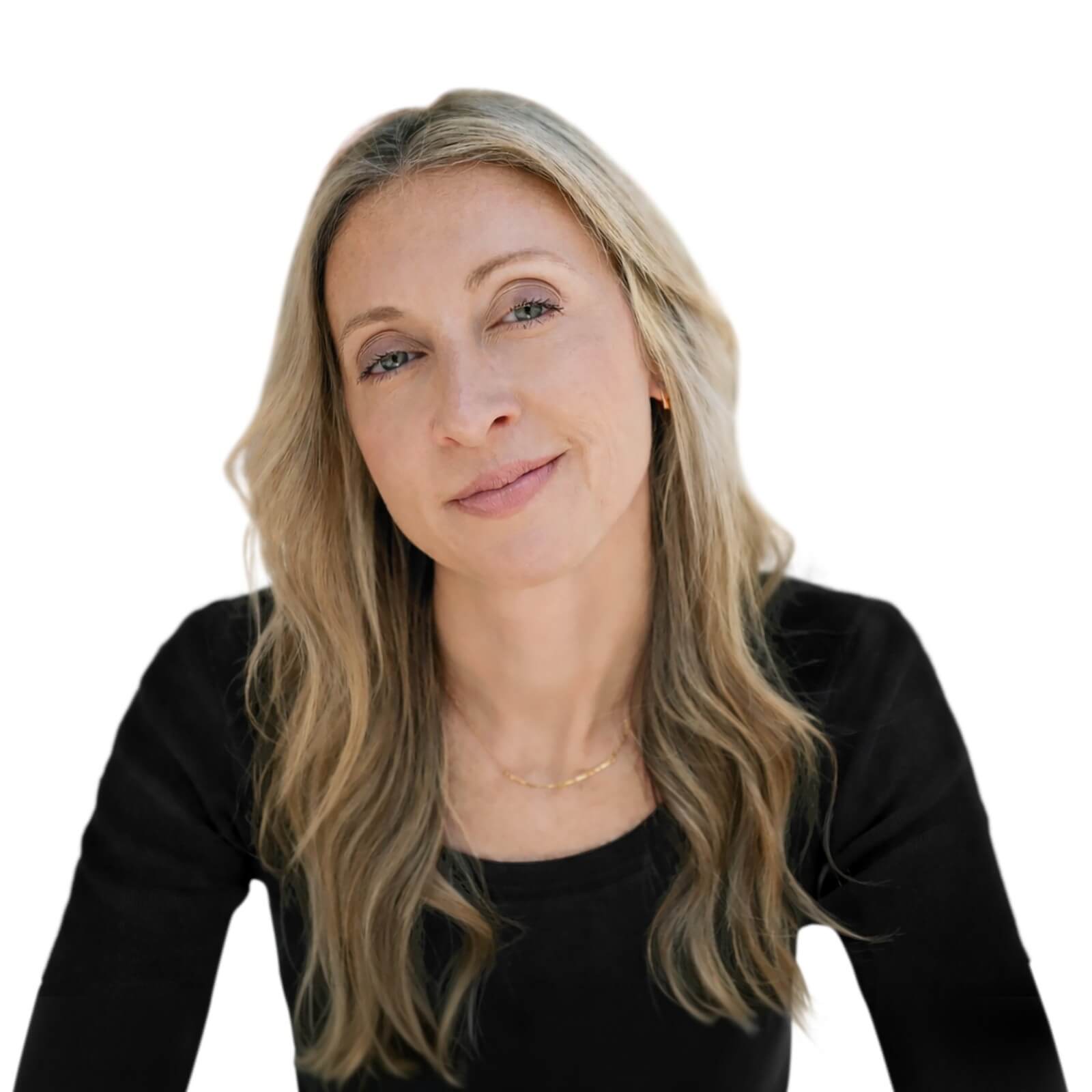 A woman with long blonde hair looking at the camera in a black long sleeved top