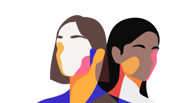 Illustration of two women back to back from neck upwards. One with brown hair, one with black hair. Patches of colour across their faces.