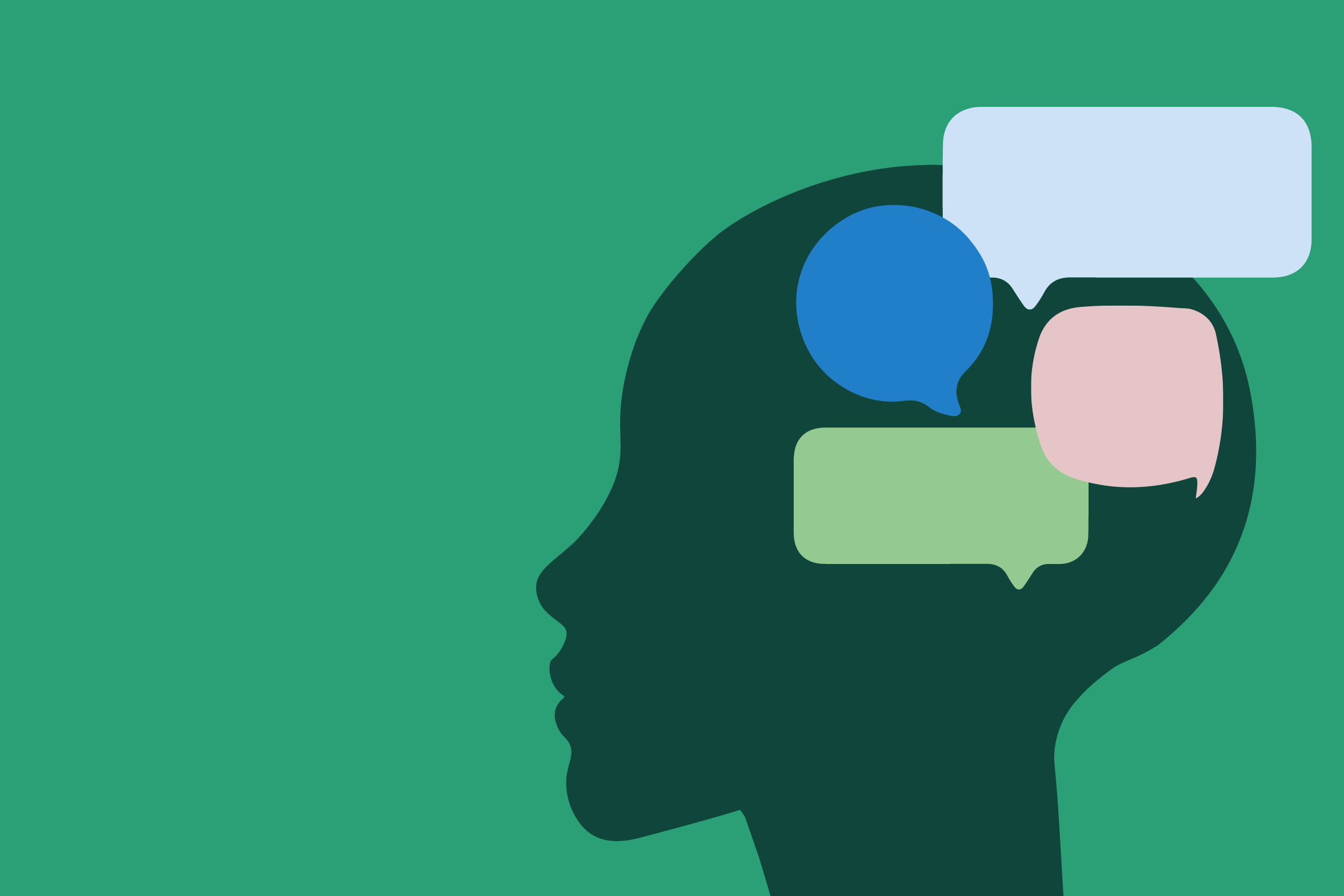 An illustration of a person's head with speech bubbles, indicating communication or thoughts on a green background.