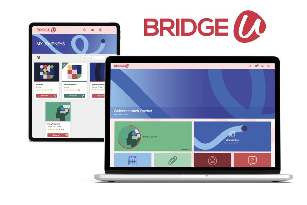 A laptop and tablet display the BridgeU platform dashboard, featuring navigation tiles and the BridgeU logo in the upper right corner.